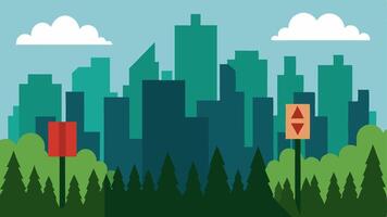 Urban Sprawl A skyline filled with highrises encroaching on a natural forest with signs indicating imminent deforestation for development symbolizing the conflict between urban. vector