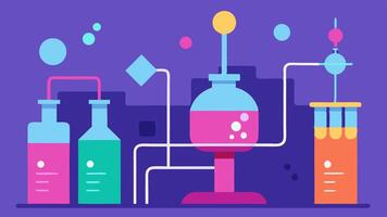 Biopharmaceuticals Production A scene showing a bioreactor producing biopharmaceuticals with bubbles and color gradients representing active biological processes.. vector
