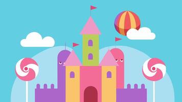 Lollipop Heights A cheerful depiction of a candycolored castle hanging upside down with candy canes forming the edges of the roof. Joyful characters are illustrated entering. vector