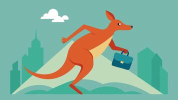 Kangaroo in Motion An energetic kangaroo leaps forward with its briefcase held tightly in one paw. The kangaroo has an enthusiastic expression symbolizing motivation and. vector