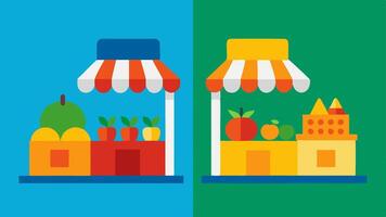 Marketplace Contrast Two sides of a marketplace one side filled with vibrant fruits and the other with aisles of packaged snacks and junk food highlighting the difference in. vector