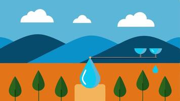 Irrigation Waste A scene depicting a sprinkler system on a field with large droplets falling into a dry soil showing wasted water and its effects on groundwater.. vector