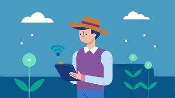 DataDriven Farming A farmer standing in a field holding a tablet displaying realtime data analytics generated by AI from their farms sensors.. vector
