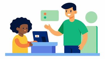 Kids and Biometrics A parent guiding their child to use a fingerprint scanner while checking out promoting the ease and speed of biometric payments.. vector