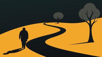 Lonely Stroll A silhouetted elderly figure walking down a winding path with shadows of trees on either side highlighting the loneliness of a solitary journey through life.. vector
