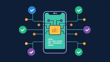 Mobile Interaction A smartphone displaying an app interface that shows personalized recommendations with an AI entity visualized as glowing circuits surrounding the phone. vector