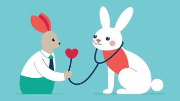 Heart CheckUp The rabbit doctor is shown looking focused with an oversized stethoscope resting against the chest of a small fluffy animal patient. The rabbits large ears perk up. vector