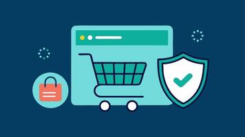Guarding the Shopping Cart An illustration of a shopping cart surrounded by a digital shield symbolizing AI protection against fraud as an online shopper browses the site.. vector