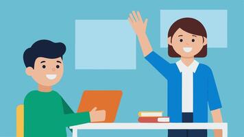 Classroom Dynamics A classroom scene where an extrovert raises their hand enthusiastically to participate in discussions while an introvert quietly takes notes preferring to. vector