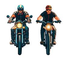 Two Motorcyclists Riding Their Bikes at High Speed, illustration isolated on white background. Front view. vector