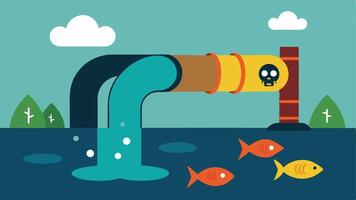 Water Contamination A giant factory pipe discharging toxic waste into a river with symbols of health hazards emerging from the water such as warning signs and dead fish.. vector