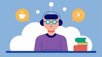 Learning with Neural Feedback A student sits at a desk with headphones and a neural headset. Thought waves flow toward a digital book showing interactive learned prompts based on. vector