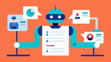 HR Recruitment Automation A robot scanning resumes rapidly matching candidates with job descriptions and moving selected candidates into a virtual interview queue.. vector