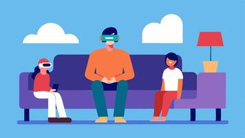 Virtual Reality Overload A person with VR goggles sitting on a couch oblivious to their surroundings while family members try to get their attention showing the divide between. vector