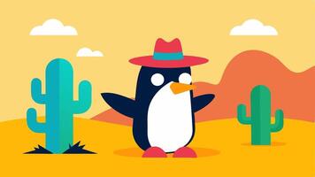 Mismatch in Nature In a whimsical desert scene a penguin and a cactus share a moment of bewilderment. The penguin has oversized sunglasses perched on its beak while the cactus has. vector