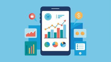 Investment App Overview A conceptual smartphone displaying an investment platform with stock price charts asset allocation and portfolio performance metrics.. vector