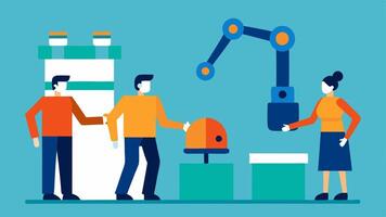 Collaborative Robots A depiction of humans and robots working side by side in a manufacturing setting engaging in assembly tasks together.. vector