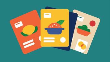 Cooking Recipe Card Deck A colorful stack of recipe cards with images of delicious dishes. Each card encourages users to step away from digital platforms and cook using traditional. vector