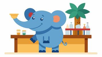 Inviting Scene A cheerful elephant stands proudly behind a rustic bar adorned with tropical decorations. With one hand it shakes a colorful tail and with the other it serves a. vector