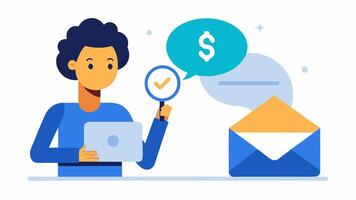 Job Offer Scam A depiction of a person receiving an email about a workfromhome job offer with a dollar sign while they appear skeptical and hold up a magnifying glass to examine it. vector