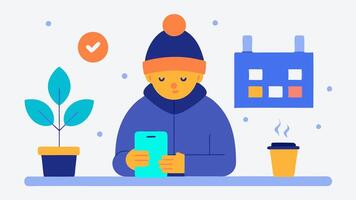 Frantic Phone Check A character with mediumlength hair wearing a beanie and a denim jacket sits at a table. They have a phone in one hand and their watch in the other with a look. vector