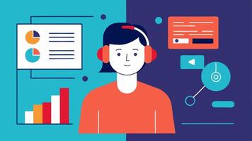 Listening Habits Analysis A splitscreen design showing a user enjoying music on one side and the AI analyzing data on the other with charts and graphs displaying genre statistics.. vector