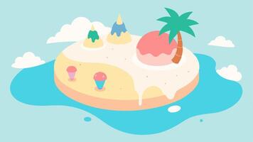 Ice Cream Oasis A whimsical oasis featuring a sparkling lagoon made of liquid vanilla ice cream surrounded by lush marshmallowlike palm trees. Relaxed visitors lounge on fluffy. vector