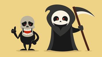 Laughing Grim Reaper An illustration of a cartoonish Grim Reaper character with a flowing robe and a scythe doubled over in laughter. Its skeletal face is expressive showcasing a. vector