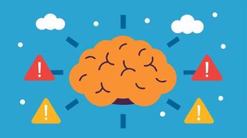 Brain with Warning Signs A cartoonish brain surrounded by warning signs like Overloaded and Too Many Choices to visually represent mental fatigue.. vector