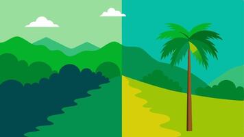 Tropical Forest to Field Transition A sidebyside showing a lush green rainforest on one side and a barren palm oil plantation on the other with a clear demarcation. vector