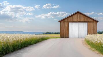 A barn in a field with a road leading to it photo