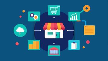 OmniChannel Insights A representation of various shopping channels instore online mobile with an AI system synthesizing data from all sources to enhance the overall shopping. vector