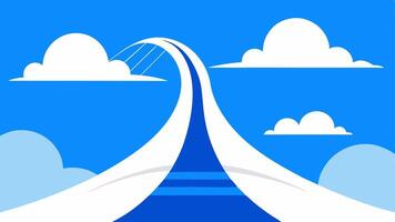 Ethereal Skyline A sleek winding bridge made of smooth white lines extends upwards into a bright blue sky filled with fluffy white clouds. The bridge narrows as it reaches the. vector