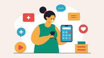 Influence by Numbers A calculator next to a person who is counting calorie intake while social media notifications and body ideals loom over their head as distractions.. vector