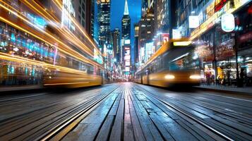 A blurry image of a city street at night with a train photo