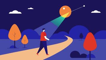 Location Tracking A person walking through a park while a large satellite overhead beams a vibrant light of location data toward their phone.. vector