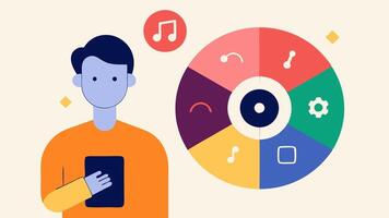 Music Genre Exploration An illustration of the AI presenting a wheel or grid of genres with the user selecting different genres to refine their recommendations.. vector