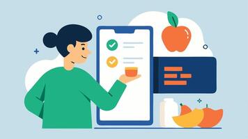Nutrition Database An image of a user browsing a nutritional database on their app examining various food items with detailed nutrition facts visible on the screen.. vector