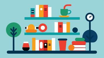 Custom Exercise Library An illustrative bookshelf filled with workout routines and exercises curated by AI for the user with catchy icons for each fitness style e.g. HIIT Yoga. vector