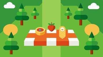 Symmetrical Blanket Arrangement A vibrant picnic blanket is laid out in a classic checkered pattern perfectly centered on a green field. All food items including sandwiches fruit. vector