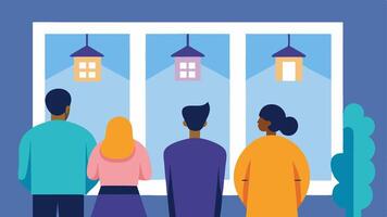 Window Shopping for Homes Characters looking through a storefront window displaying beautiful apartments but with labels like Out of Budget and Wishful Thinking attached to them.. vector