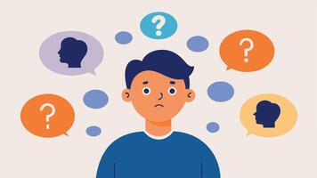 Anxious Attachment Overthinking A character surrounded by thought bubbles filled with question marks and scenarios depicting their tendency to overanalyze situations in the. vector
