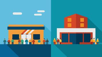 Market Size Comparison A split showing a small local store packed with customers on one side and a large sleek multinational store with an empty parking lot on the other. vector