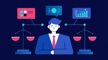 Legal Analytics A lawyer observing an AI system analyzing past case data to predict outcomes with visual projections of potential results displayed on screens.. vector