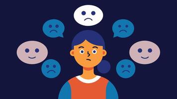Conflicted Emotions A person with multiple overlapping thought bubbles showing happy faces and sad faces representing the internal conflict of emotional labor.. vector