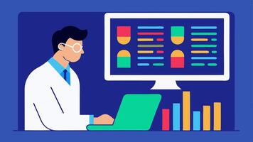Genetic Sequencing An illustration of a sequencer device outputting colorful readouts of DNA sequences with a scientist analyzing the data displayed on a computer screen.. vector
