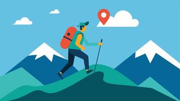 Hiker with GPS Tracker A hiker climbing a mountain trail wearing a GPS tracker on their backpack that shows elevation and distance traveled.. vector
