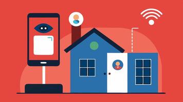 Home Security System A depiction of a home security camera with AI facial recognition alerting a homeowner via a smartphone when someone arrives at the door.. vector