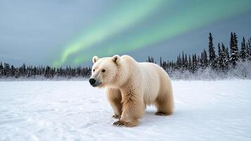 A polar bear in the snow with the aurora borealis in the background photo