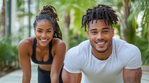 A man and woman smiling while doing push ups photo